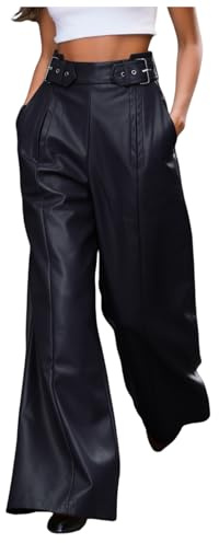Pantalon en Simili Cuir pour Femme, Taille Haute Ajustable, Jambe Large Flare Ample avec Poches, Pantalon PU Vintage Sexy, Streetwear Décontracté pour Automne, Hiver, Festivals et Sorties