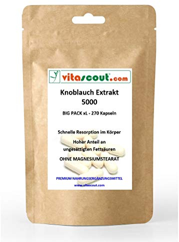 Knoblauch 270 Kapseln je 5000mg (=Extrakt 50mg 100:1) HOCHDOSIERT/Garlic - OHNE MAGNESIUMSTEARAT - PREMIUMQUALITÄT von VITASCOUT®