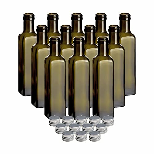 gouveo 12er Set Glasflaschen 250 ml Maraska Antik mit Schraubverschluss silberfarben - Leere Flasche 0,25 l zum Befüllen - Glasflasche für Likör, Schnaps, Öl, Essig