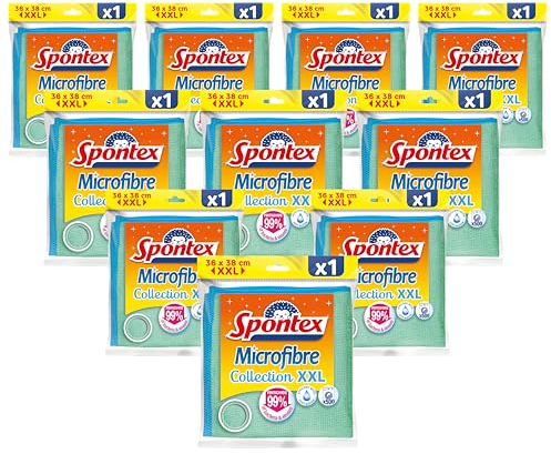 Spontex Microfibre Collection, super saugstarkes Mikrofasertuch, effizient ohne Chemie, im XXL Format 36 x 38 cm, Farbe nicht frei wählbar, 10 Stück