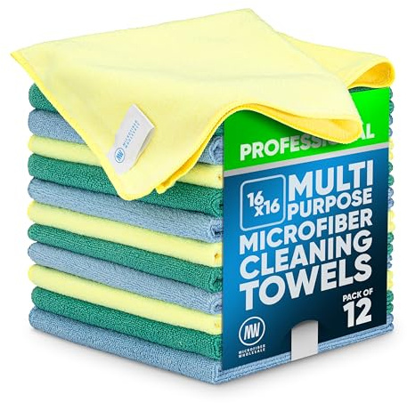 MW Pro Microfiber Cleaning Cloth | Blue, Green, Yellow (12 Pack) | Size 16 x 16 | All Purpose Microfiber Towels - Clean, Dust, Polish, Scrub, Absorbent