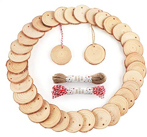 ilauke 60 Pcs Wooden Discs for Crafts, 4-5 cm Natural Wood Slices with Natural Jute Twine Unfinished Predrilled Log Discs, Wooden Circles for DIY Crafts Christmas Decorations Ornaments