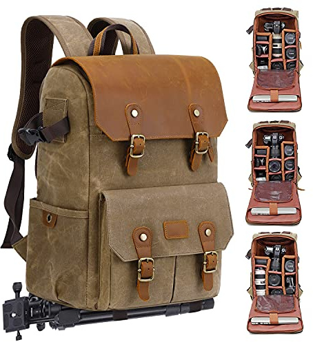JAEP Camera Backpack - Weather Resistant 16 Ounces Waxed Memory Canvas – DSLR SLR Backpacks with 15.6” laptop sleeve compartment and Tripod Holder for Photographers -Vintage leather Style (Khaki)