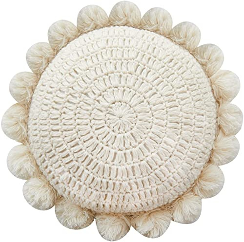 kitletsuit Boho Round Throw Pillow with Cute Handmade Pom Poms Tassels 18 Inch, Decorative Circular Knitted Crochet Cushion for Couch, Sofa, Chair, Bed, Beige