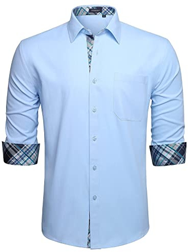HISDERN Herrskjortor långärmade formella lediga affärsskjortor för män normal passform button down bröllopsfest arbetsskjorta med fickor, Ljusblått, S