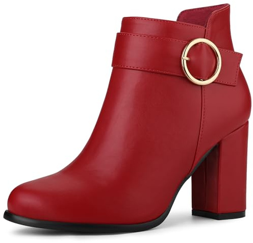 Allegra K Botines de tacón alto grueso con punta redonda y hebilla circular para mujer rojo 38