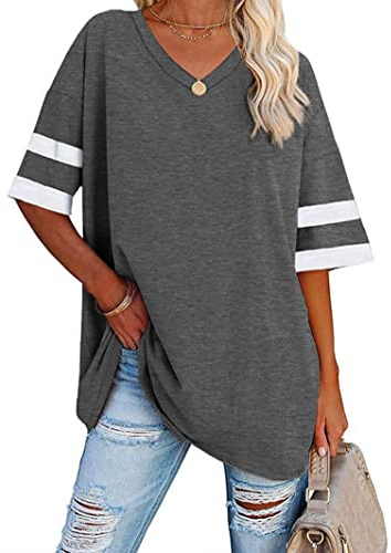 Famulily Ladies Oversized T Shirts Women Casual V Neck Striped Half Sleeve T Shirt UK Plus Size Dark Grey XXL