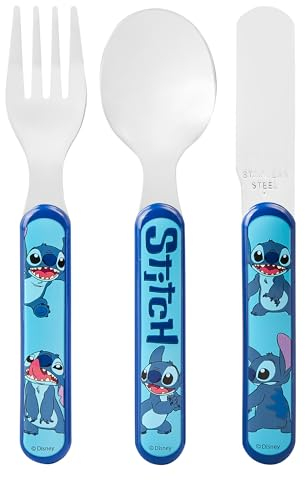 Stitch Juego de cubiertos de 3 piezas de metal, cuchillo, tenedor y cuchara reutilizables para niños, tamaño infantil, hechos de acero inoxidable apto para alimentos y plástico ABS, para niños de 12