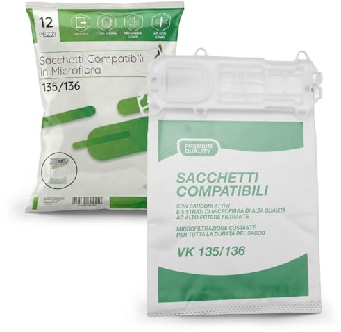 12 Sacchetti Folletto VK 135/136 -COMPATIBILI- in Microfibra Filtrante Resistente – Sacchi Folletto Per Aspirapolvere 135/136 – Alta Filtrazione Polvere – Installazione Facile – Qualità SUPREMA