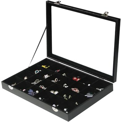 Coward Schmuck-Organizer-Box, schwarzer Samt, 24 Fächer, für Ringe, Ohrringe, Schmucktablett mit transparentem Glasdeckel für Zuhause, Schublade oder Ladenverkauf