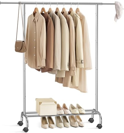 SONGMICS Porte-Manteau à roulettes, Portant à Vêtements Extensible en Métal, avec Étagère de Rangement Surélevée, 40 x (83-120) x 156 cm, Capacité Totale 45 kg, Argent HSR134E01