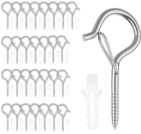 Carreuty 30 ganci a vite argentati con 30 pezzi di sicurezza, ganci da parete per avvitare, ganci a soffitto, viti in acciaio inox, ganci per piante, casette per uccelli, campanelli a vento