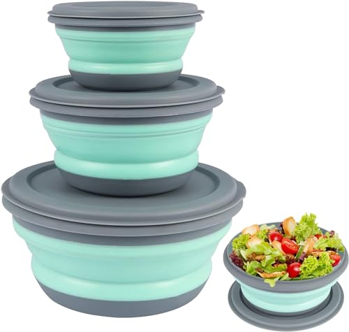 Kedisec Collapsible Camping Bowl, 3 Pieces Silicone Folding Bowl Portable Lunch Box, Picnic Bowl Salad Bowl with Lid for Kitchen Camping Outdoor(300ml+600ml+900ml) (Green)