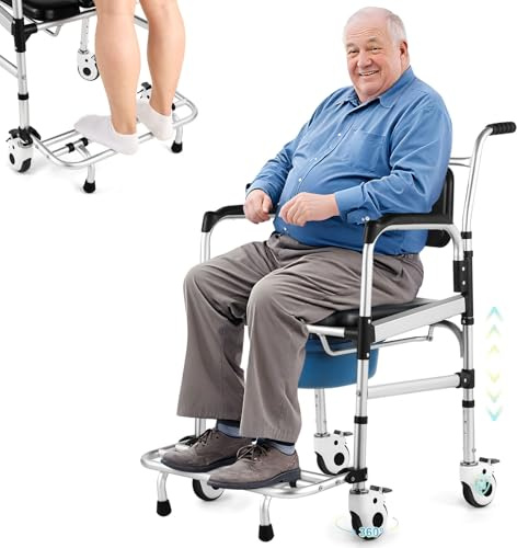 Hybodies Enlarged Rolling Shower Chair: 4-in-1 Bariatric Commode Chair for Elderly, Post-op, Adjustable Shower Wheelchair with Safety Locking Wheels & Anti-tilt Footrest, Heavy Duty