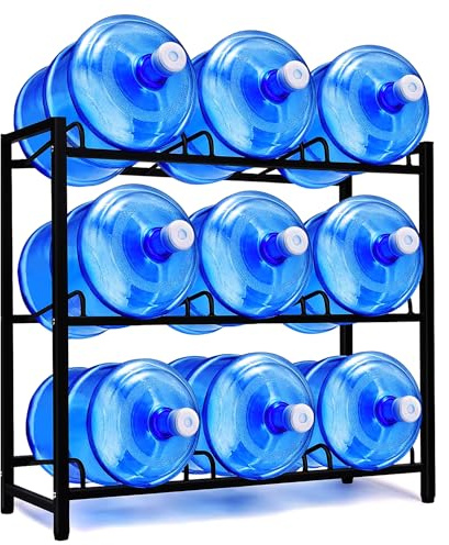 Proyatech 9-Tray Water Jug Rack, Storage 5 Gallon Water Cooler Bottle Holder Stand, 3-Tier Heavy Duty Carbon Steel 5 Gal Water Bottle Organizer for Home, Office, Kitchen, Warehouse, Black
