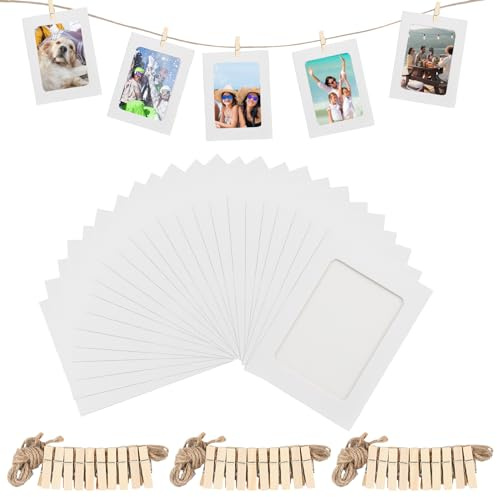 30 Pcs Cardboard Photo Frames, Paper Photo Frames, 4x6 Inch Cardboard Picture Frames, Hanging Paper Picture Frames with 30 Wooden Clips & 3 Hemp Ropes, for Home Wall Decor Display Hanging, White