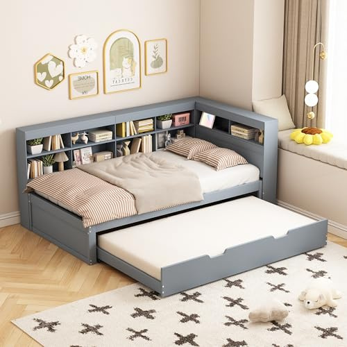 MOBETTRES Bäddsoffa, utdragbar säng 90 x 190 med USB-uttag och flera förvaringsfack, massiv träsäng, enkelsäng, multifunktionssäng i trä (grå, 90 x 200)