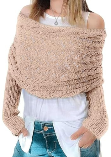 Feelorna Women Knitted Scarf with Sleeves, Long Warm Knitted Shawls and Wraps, Elegant Fall Winter Soft Cable Scarves with Sleeves for Women