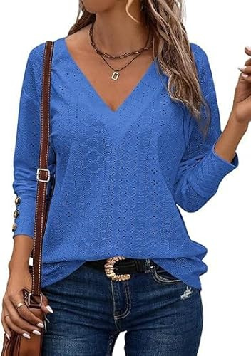 Placitiume Camicette ricamate in pizzo da donna - Top casual eleganti con scollo a V a maniche lunghe con bottoni per l'autunno 2024, Blu scuro, XL