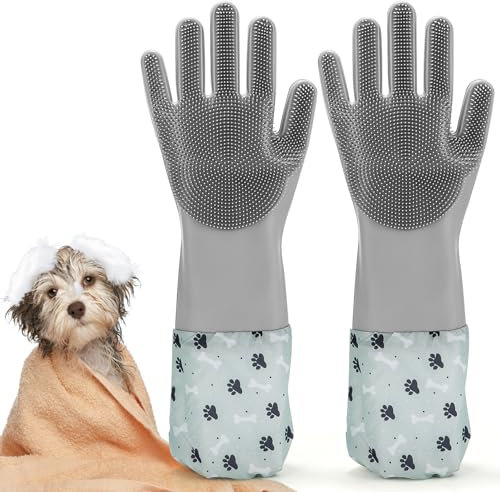Maideerhoo Pet Grooming Gloves,Heat-Resistant Silicone Oven Glove (500°F) - Anti-Slip Textured Kitchen Gloves for Cooking, Grilling, Baking - Extra Long, Reusable & Waterproof - Pair (Grey)