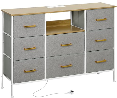 HOMCOM Cómoda con 8 Cajones Tapizado en Borreguito Cajonera de Tela con Estación de Carga Puerto USB Tipo-C y Estructura de Acero Cómoda para Dormitorio Pasillo Gris