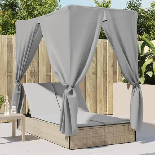 Homgoday Doppel-Sonnenliege mit Dach und Vorhängen Beige und Grau Poly Rattan Gartenliege Balkonliege Doppelliege RelaxliegeSonnenliegen für 2 Personen Garten Relaxliege