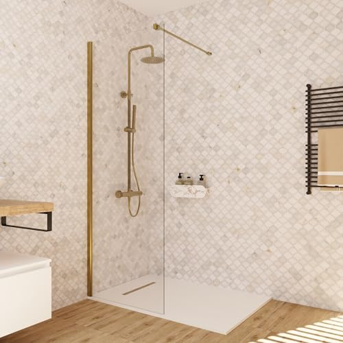 BAIKAL Mampara de Ducha. Panel Fijo de 80cm. Perfil Oro Mate. Cristal Transparente Templado 8mm de espesor. Tratamiento Antical. Alto 195 cm. Brazo recortable 60-90cm.
