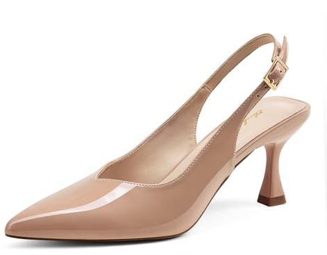 Elisabet Tang Women's Kitten Heel Slingback Low Pumps 3 Inches Stiletto Pointed Closed Toe Elegant Dressy Bridal Wedding Party Shoes Nude 7