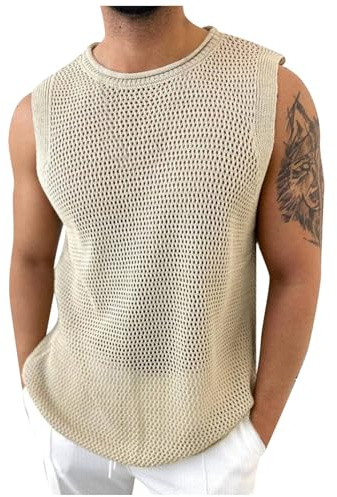 RUMAOZIA T-shirt transparent sans manches en maille filet pour homme - T-shirt de fishnet transparent sans manches - Haut en maille transparente - Débardeur sexy pour homme