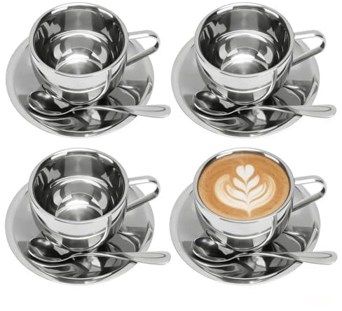 Kaffekoppsset I Rostfritt Stål,200ml set Isolerat Kaffekoppsset Dubbelväggiga Muggar Mjölkte Med Sked Fat För Kaffe Latte Te Mjölk (#2-4 Pcs)