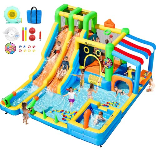 Castello Gonfiabile Grande con 2 Scivoli d’Acqua per Bambini, Parco Acquatico con Trampolino, Piscina, Canestro da Basket, Parete da Arrampicata, per Interno ed Esterno 445x403x200 cm