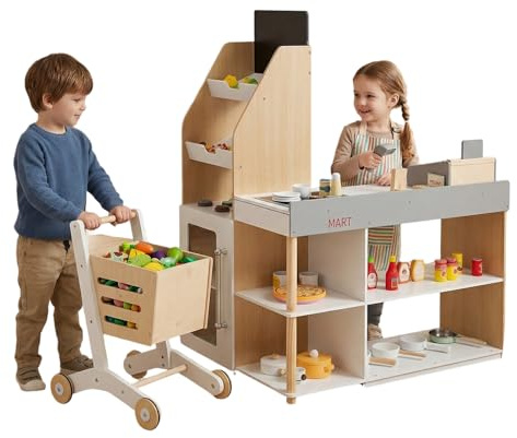 COSTWAY Pretend Play Shop, Kids Supermarket Playset with Shopping Cart, Chalkboard, Cash Register, Wooden Role Play Grocery Store for Children Ages 3+ (90 x 63 x 110cm)