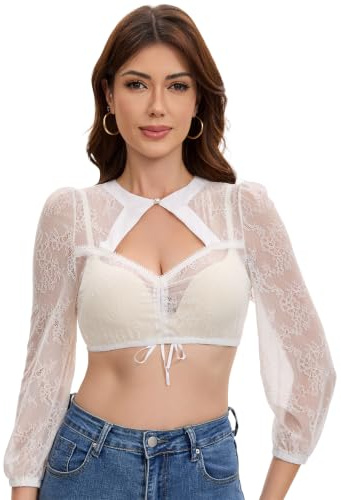 Trachtland Blouse Dirndl Femme Manches Longues Blouse Traditionnelle Oktoberfest Élégante avec Boutons Bande Poitrine Dentelle Blanc Taille 34-44