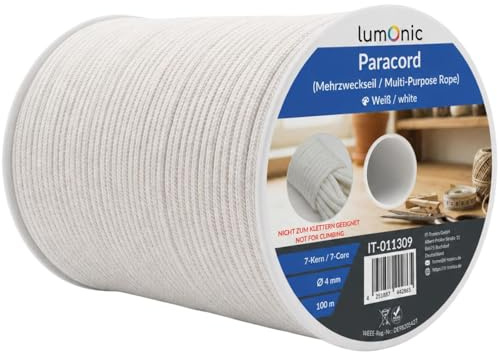 Lumonic 100m Paracord 4mm Blanco | 100% Nailon | 7 núcleos, Funda de 32 filamentos | Capacidad de Carga máx. 250 kg | Correa para Perro, Pulsera, Outdoor, bushcraft, Cuerda para Tienda de campaña