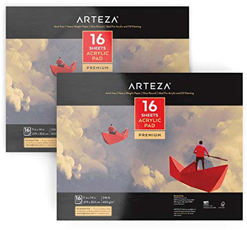 Arteza Acrylmalblock, weißes Malpapier für Acrylfarben und Ölfarben, Acrylpapier (246 lb/ 400g), 16 Blätter pro Malblock, 2 Stück Set, DIN A3 (27.9 cm x 35.5cm)