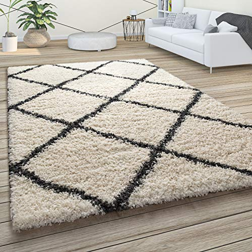 Paco Home Hochflor Teppich Wohnzimmer Schlafzimmer Shaggy Skandinavisch Rautenmuster, Grösse:200 cm Quadrat, Farbe:Creme