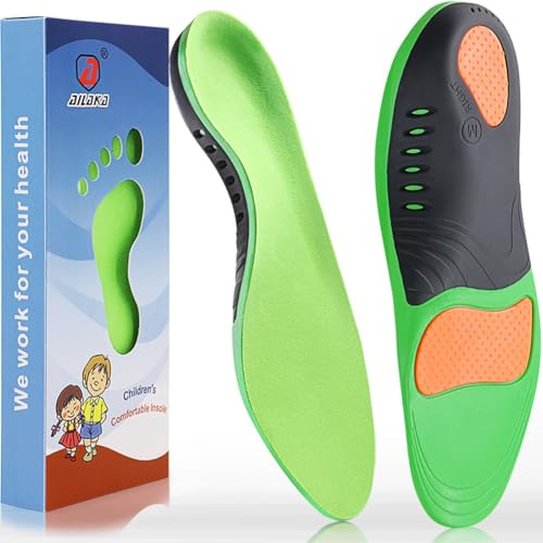 Ailaka Kids Orthotic Arch Support Shoe Insoles, Plantar Fasciitis Cushioning Athletic Inserts for Flatfoot Pain Relief Running Walking Green | Deep U-Shaped Heel Cup for Stability, Gel Pads Under Heel & Forefoot Reduce Stress, Breathable Velvet Top, Trim-To-Fit