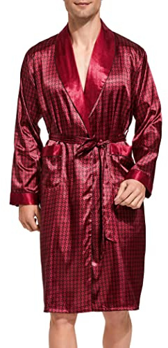 Sanraflic Accappatoio da uomo in raso, a maniche lunghe, con pantaloncini, biancheria da notte, Borgogna con nero, M