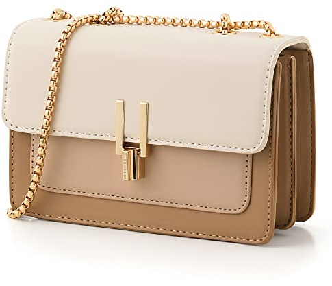 Crossbody Bags Cute Faux Leather Trendy Cross Body Purses for Women Small Color-Block Designer Handbags Ladies Satchel Chain Strap Shoulder Bag Beige White