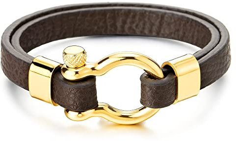 COOLSTEELANDBEYOND Goldfarben Schraube Anker Damen Herren Zwei Reihen Braun Leder Armband, Nautisch Matrose Wickeln Strap Schweissband