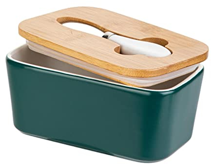 Eidoct Green Porcelain, Stainless Steel, Wood, Silicone Butter Dish with Lid, Knife, Rectangular, 650ml, Cadmium Free
