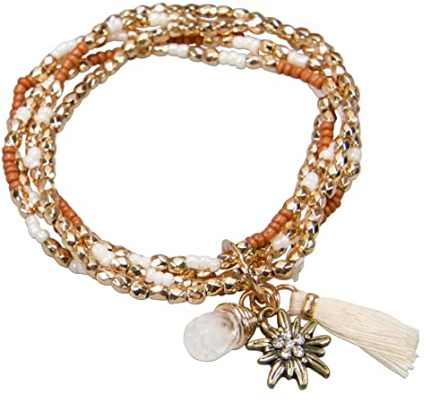 Alpenflüstern Trachten-Perlenarmband Edelweiss Sommer - Damen-Trachtenschmuck, elastische Trachten-Armkette, Perlenarmband (braun) DAB081