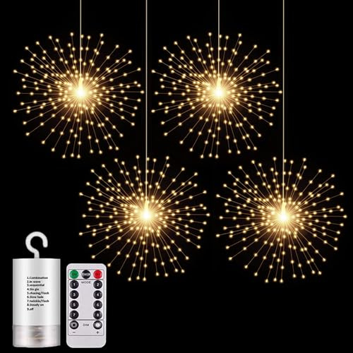 4 Pack 800 LED Starburst Sphere Lights, Battery Operated Firework Light, 8 Modes Dimmable Remote Control Waterproof Hanging Fairy Light, Copper Wire Lights for Patio Parties Christmas (Warm White)