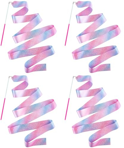 HiUnicorn 4PCS Sparkly Dance Ribbon for Kids Girls Princess Mermaid Ballet Ballerina Gymnastics Birthday Party Favors Decorations, Twirl Streamer Ribbon Dancer Wands for Class Talent Shows