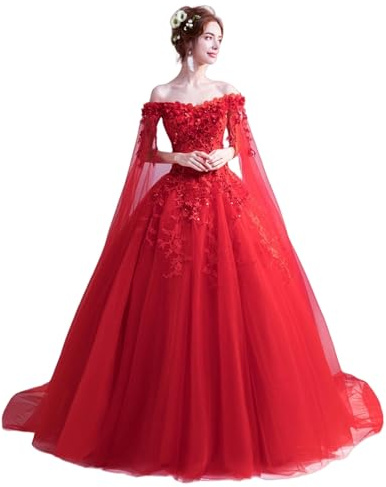YIMAIWLX Vestito Abiti da Sposa Applicato in Pizzo Femminile Abiti da Sposa 3 4 Maniche-Rosso-XL