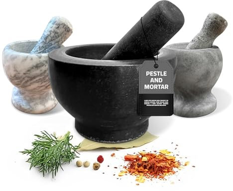 Ensemble pilon et mortier en granit avec socle - Moulin à épices en granit naturel - Ustensiles de cuisine pour écraser et moudre les épices, les herbes et les noix (pilon en granit, set de 14,5 cm)