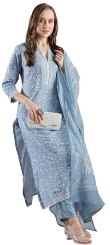 GoSriKi Kurta droite imprimée en rayonne mélangée avec pantalon et dupatta pour femme, bleu, XL