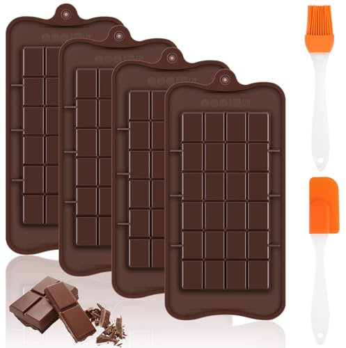 Moule Silicone pour Tablette Chocolat Profond Antiadhésif avec Grattoir et Pinceau à Huile - 4 Pièces pour Praline et Bonbons