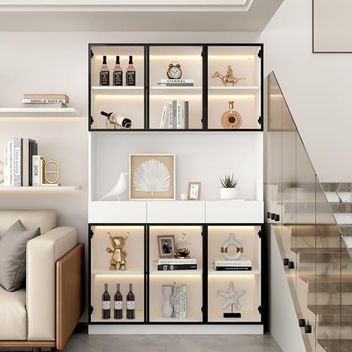YESGIGA Glasschrank Tür 200cm hoch Weißer Vitrinenschrank mit Lichtern, Multi Storage Bücherregal für Sammlung Schlafzimmer Wohnzimmer Büro