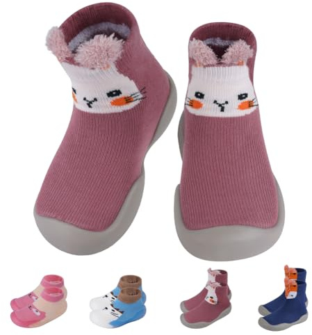 Aolso Zapatos de Calcetines Bebé, Zapatos Bebé Primeros Pasos Calcetines con Suela, Zapatos para Primeros Pasos Antideslizantes con Estampados de Animales para Niño Niña(Gato Rosa